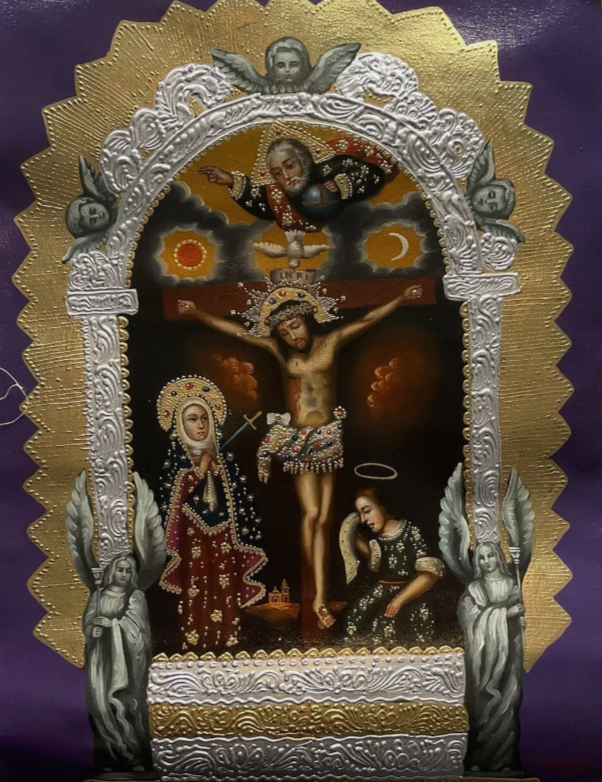 Tableau huile original école Jésus Christ crucifixion