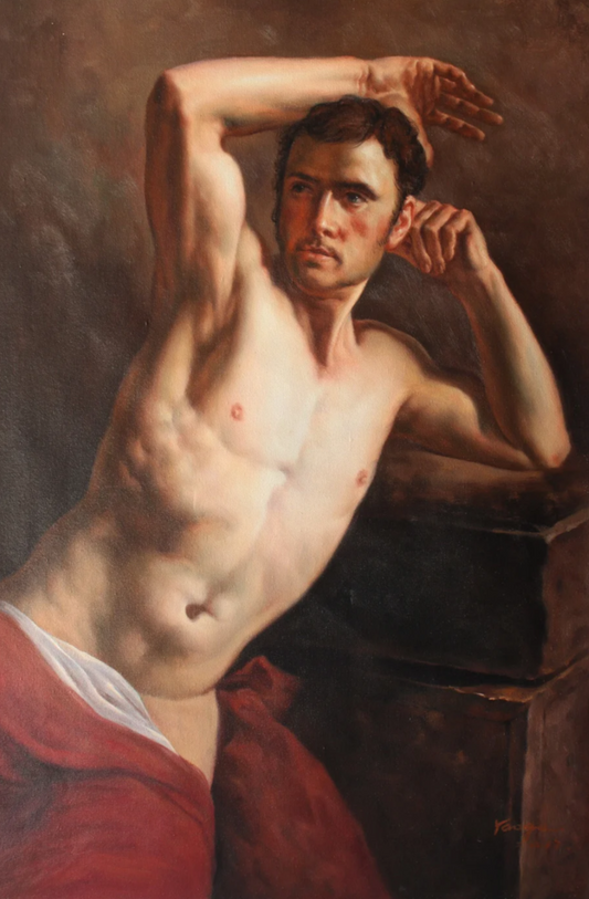 erotic art portrait of shirtless man original oil painting on canvas signed