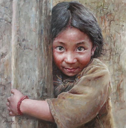 Portrait original à l'huile sur toile d'une petite fille afghane