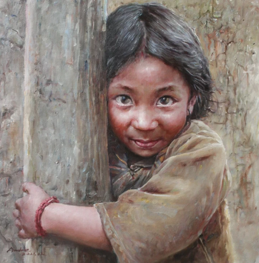 Portrait original à l'huile sur toile d'une petite fille afghane