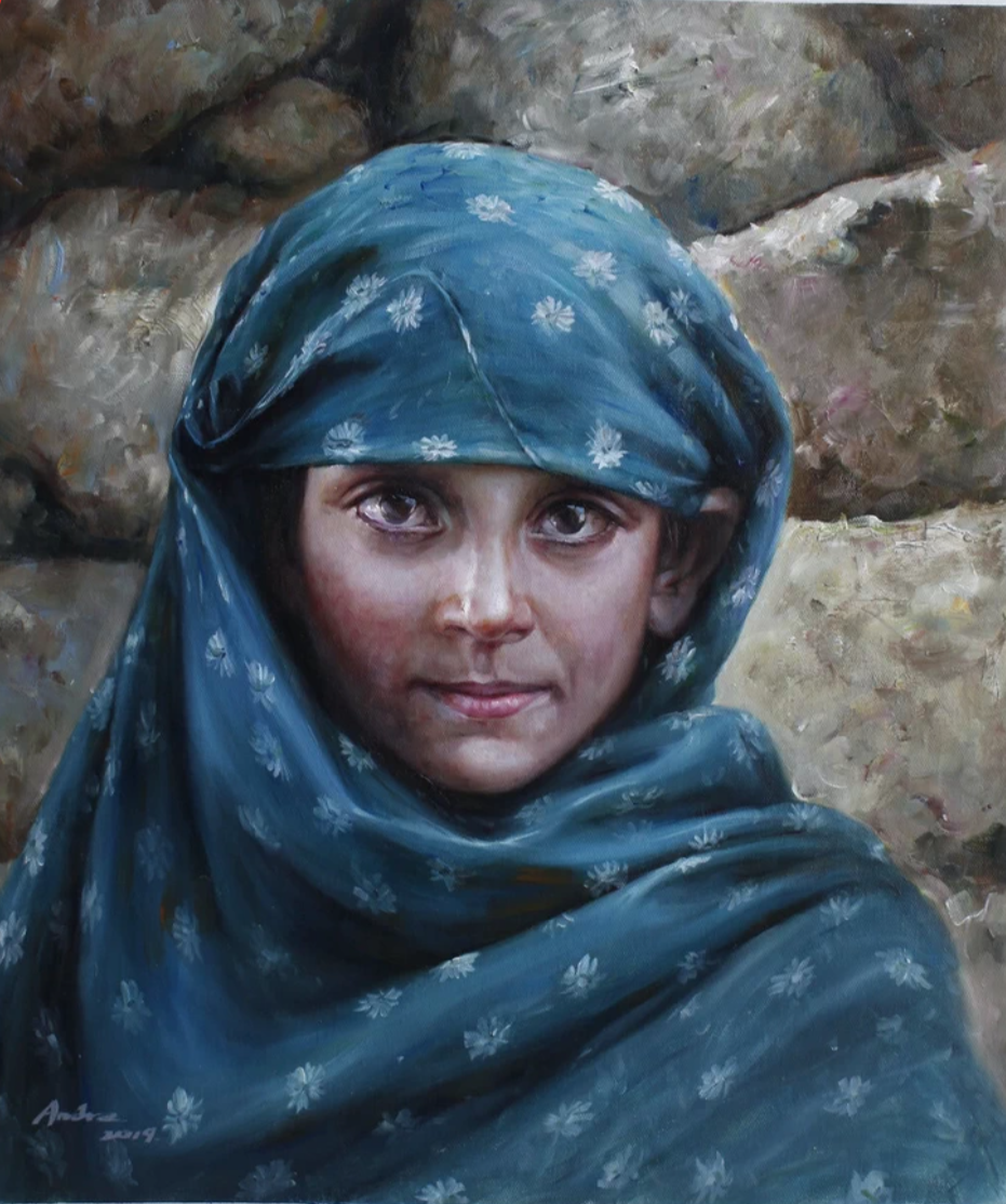 Portrait original à l'huile sur toile d'une petite fille afghane yeux verts