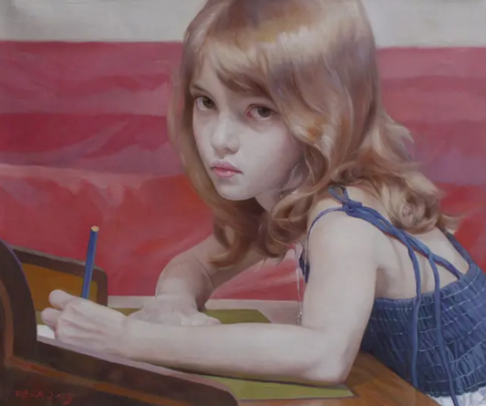 peinture à l'huile originale portrait fille blonde studieuse signée