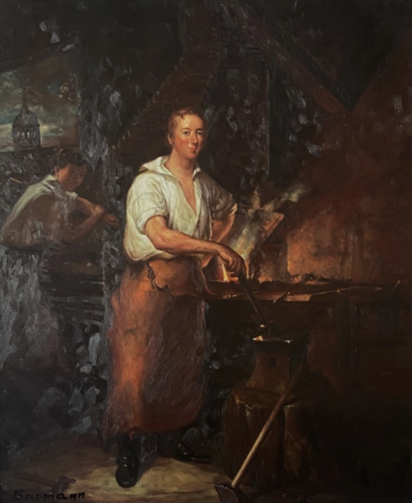 Le forgeron à la forge huile sur toile avec Cadre