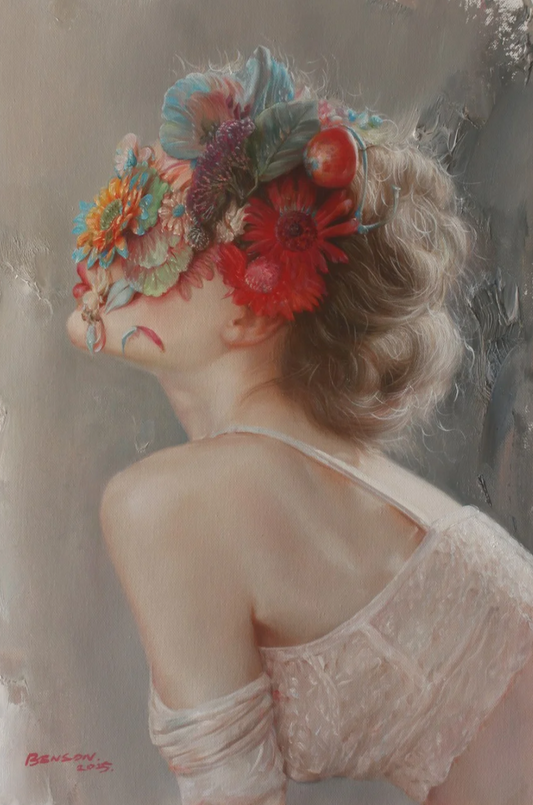 Portrait de jeune fille fée des fleurs, peinture à l'huile surréaliste