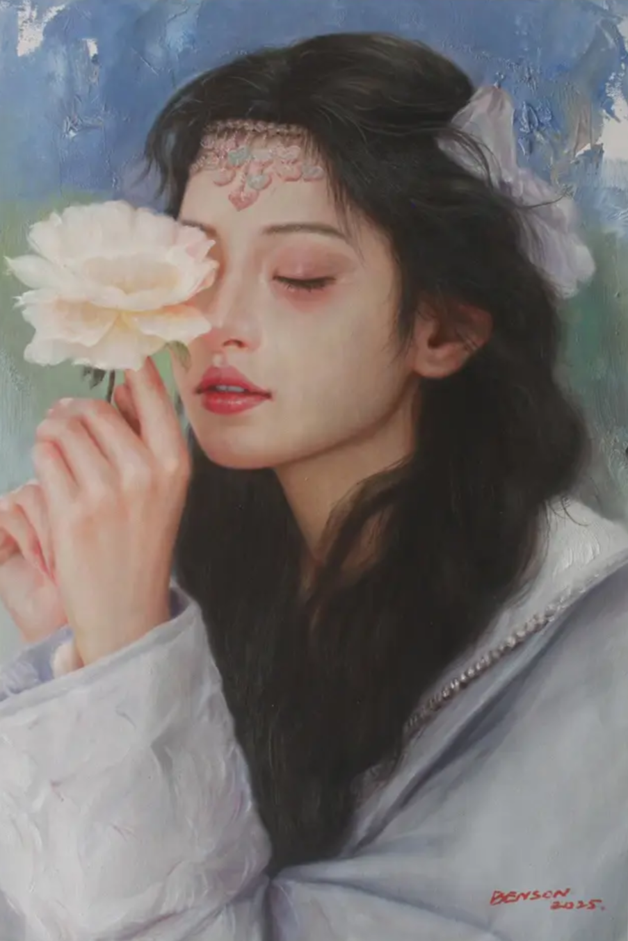 Jeune fille tibétaine d'une pure beauté, peinture à l'huile sur toile originale