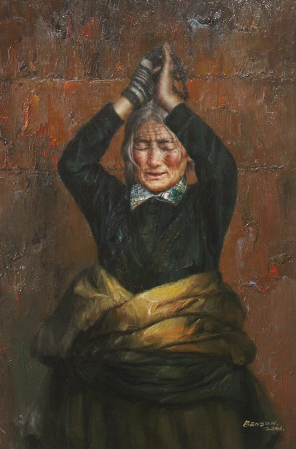 Portrait de vieilles femmes tibétaines en prière huile sur toile originale