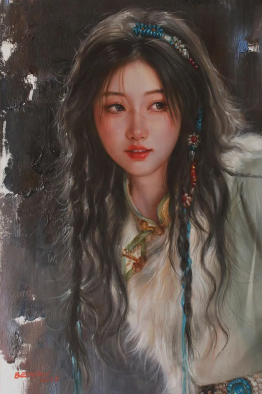 Portrait d'une jeune fille tibétaine avec une grande tresse tableau peinture huile sur toile signée