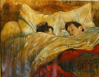 Reproduction peinte à la main de "Au lit" par Henri Toulouse Lautrec