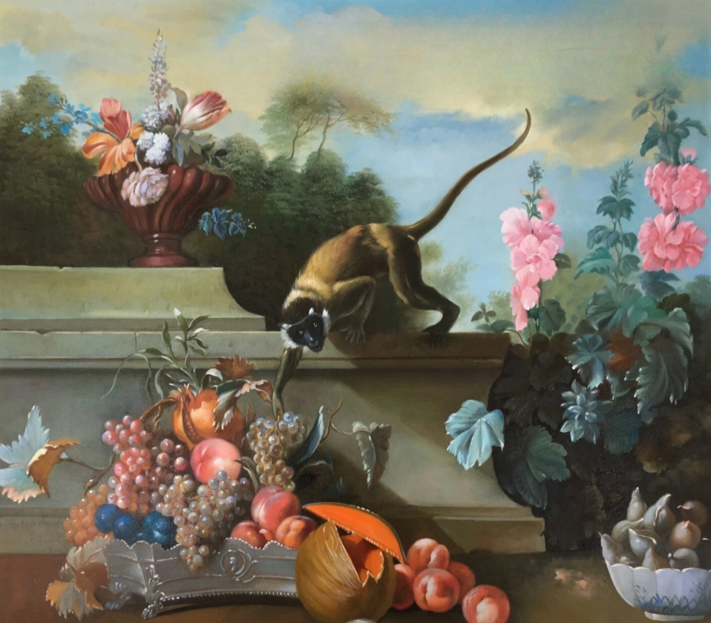Tableau huile peint à la main, singe fruits et fleurs d'après Jean Baptiste Oudry