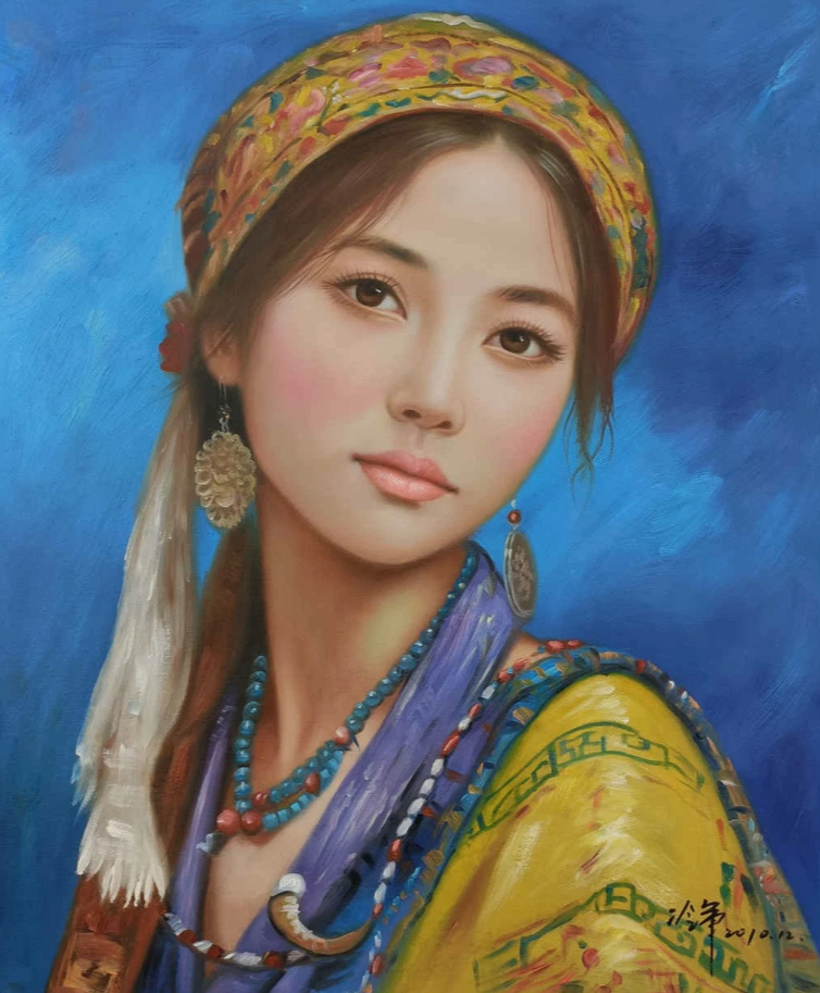 Portrait-traditionel-Peinture à l'huile sur toile "Beauté asiatique" peinte à la main