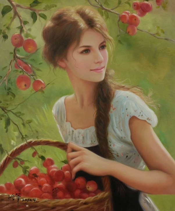 Peinture à l'huile sur toile peinte à la main belle femme cueille des fruits