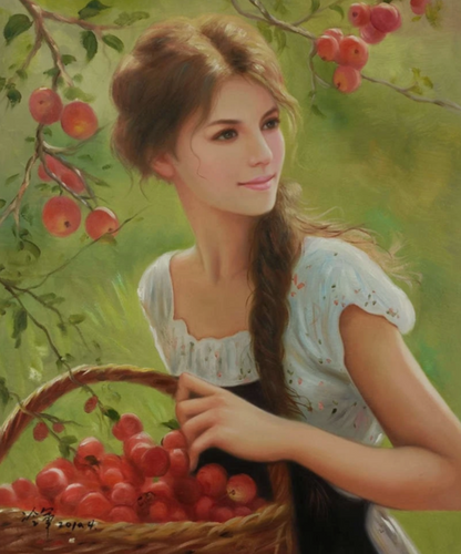 Peinture à l'huile sur toile peinte à la main belle femme cueille des fruits