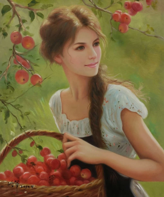 Peinture à l'huile sur toile peinte à la main belle femme cueille des fruits