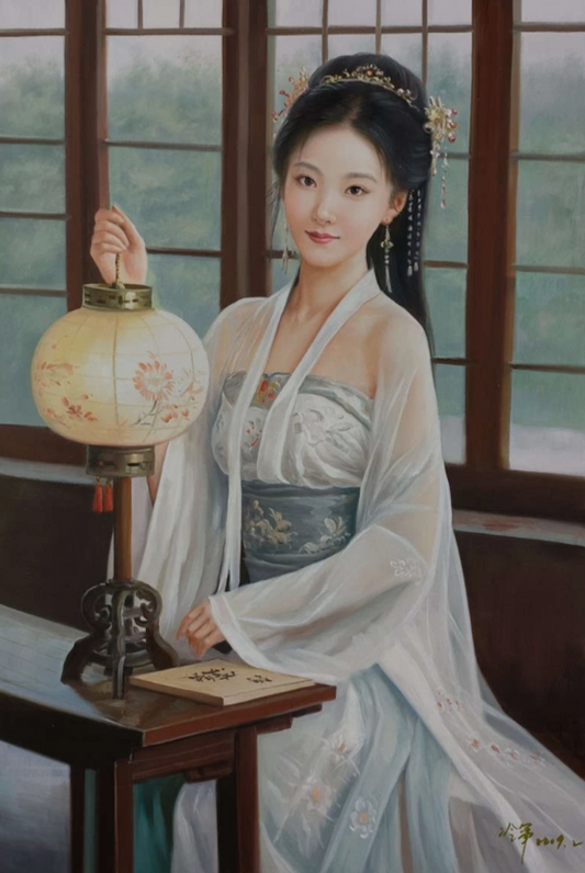 Peinture à l'huile sur toile peinte à la main belle femme chinoise avec lampe