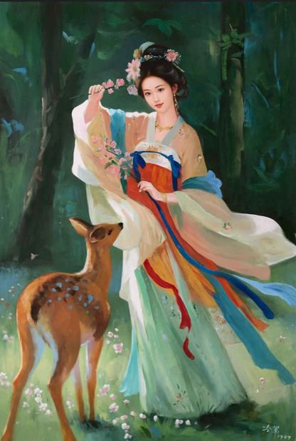 Peinture à l'huile sur toile peinte à la main belle femme avec faon par Leng Jun