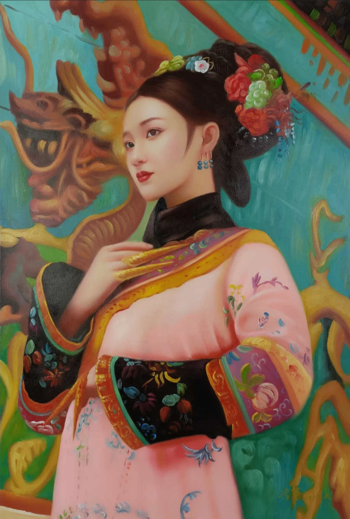 Peinture à l'huile sur toile peinte à la main belle femme avec habit traditionnel par Leng Jun