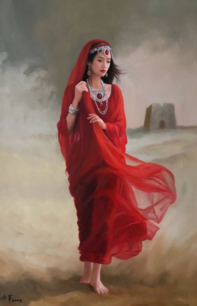 Peinture à l'huile sur toile peinte à la main belle femme avec habit traditionnel dans le désert