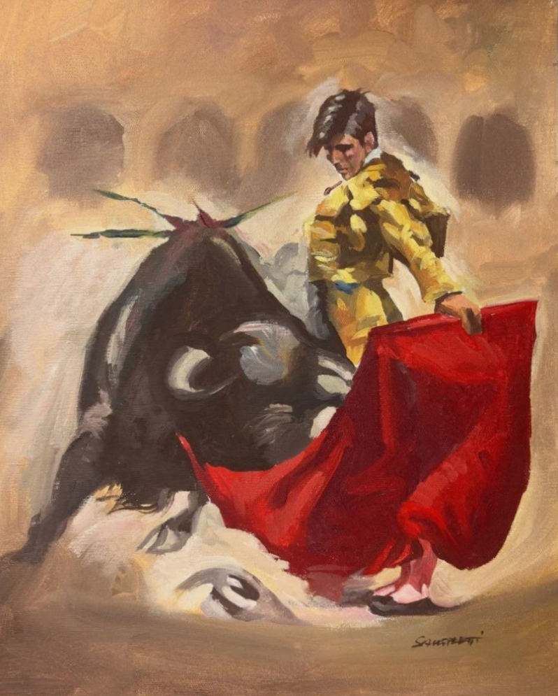 Peinture à l'huile sur toile, corrida, torero et taureau, art figuratif espagnol, signature