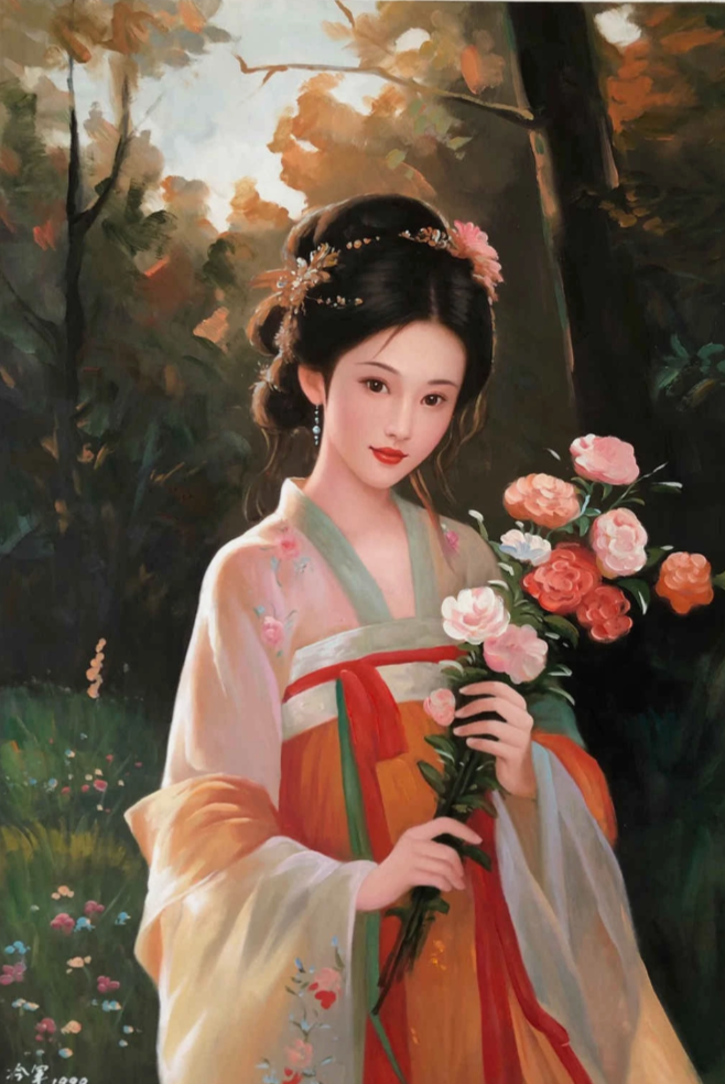 Peinture à l'huile sur toile peinte à la main belle femme chinoise par Leng Jun