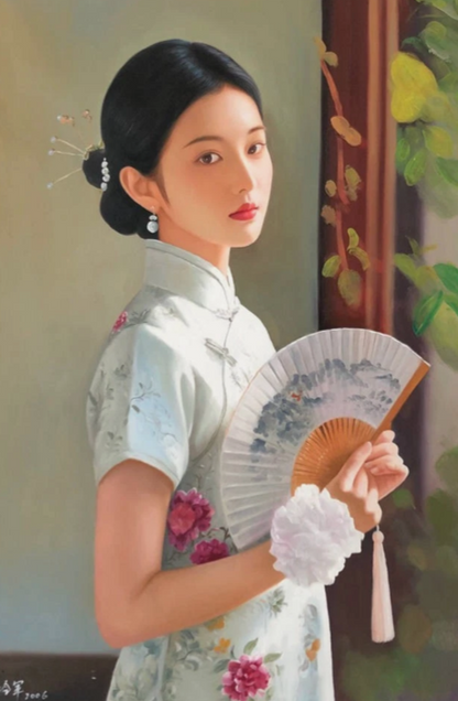 art Peinture à l'huile sur toile peinte à la main belle femme chinoise avec éventail par Leng Jun