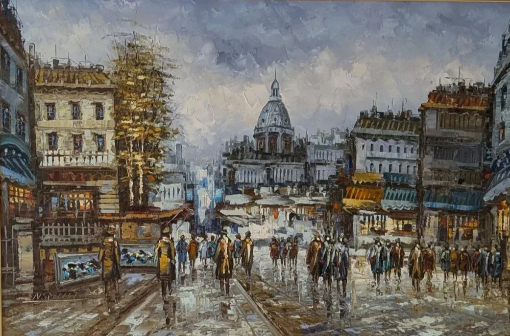 Ancien grand tableau huile sur toile paysage urbain impressionniste Paris - Kikooyou Art Gallery