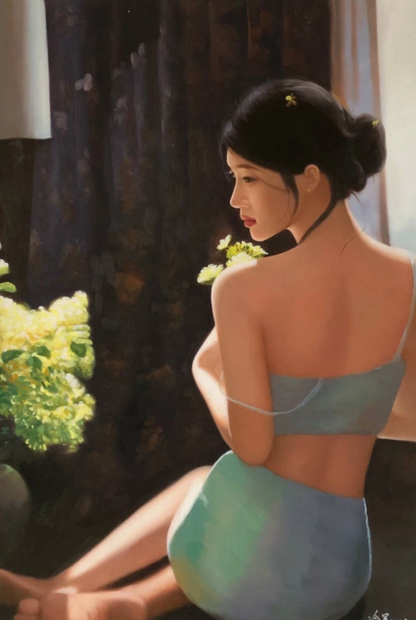 Peinture à l'huile sur toile peinte à la main belle femme chinoise en lingerie par Leng Jun