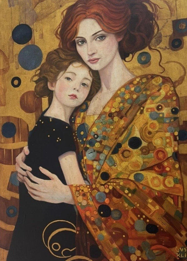 portrait mère et fille façon Klimt tableau peinture huile sur toile