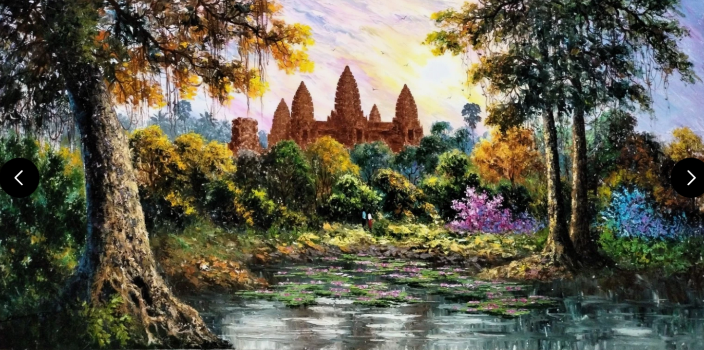 Peinture à l'huile art mural temple Angkor cambodge paysage campagne originale