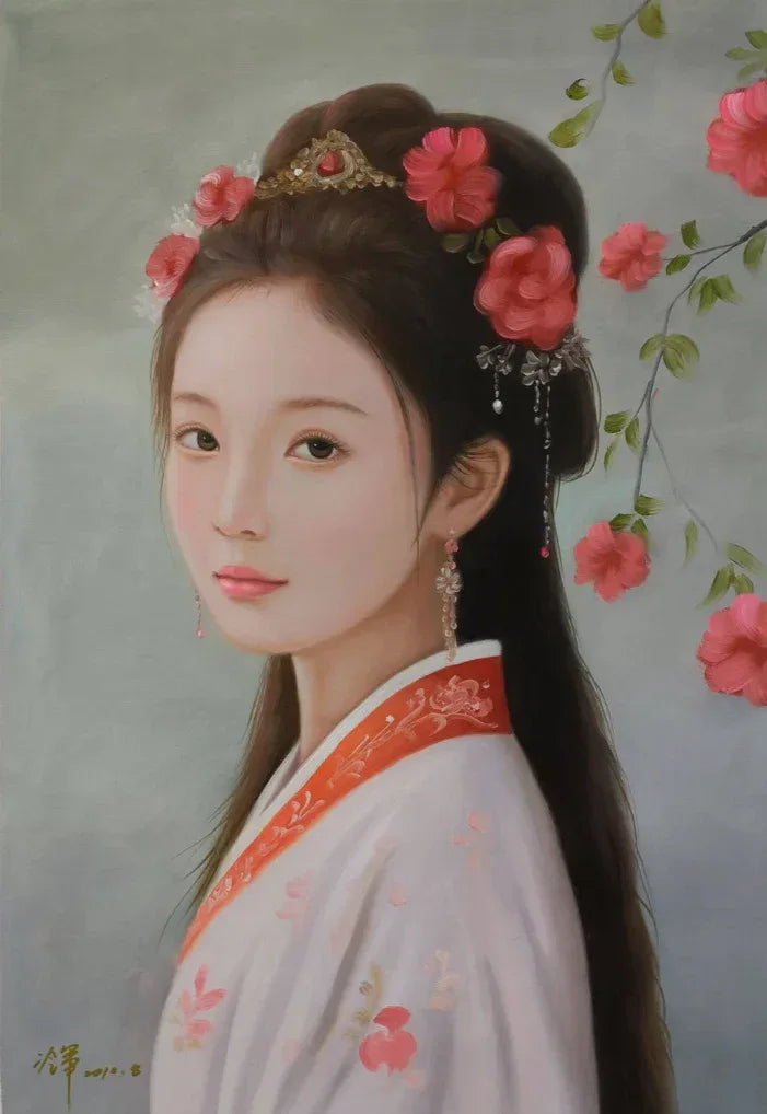 Peinture à l'huile sur toile peinte à la main belle femme fleurs dans les cheveux par Leng Jun - Kikooyou Art Gallery - Kikooyou Art Gallery