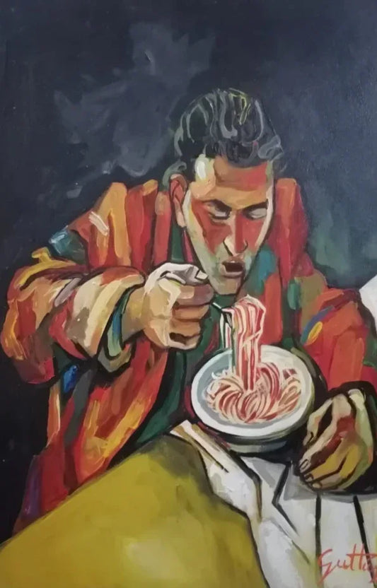 portrait homme mangeant spaghettis tableau peinture huile sur toile signée d'après Gatusso - Kikooyou Art Gallery - Kikooyou Art Gallery
