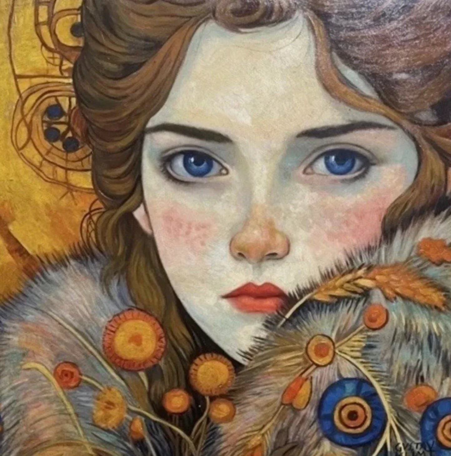 portrait femme yeux bleus à la façon de Klimt peinture huile sur toile- kikooyou art gallery - Kikooyou Art Gallery