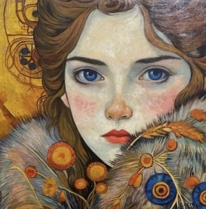 portrait femme yeux bleus à la façon de Klimt peinture huile sur toile- kikooyou art gallery - Kikooyou Art Gallery
