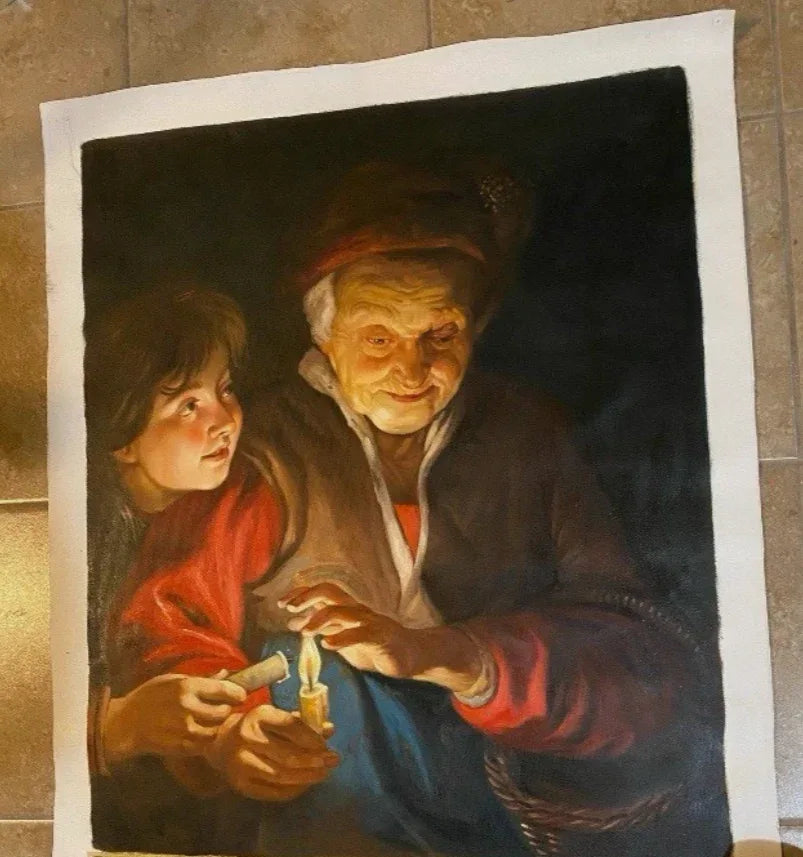Réplique peinte à la main "vieille femme et garçon à la bougie" d'après P. Rubens - Kikooyou Art Gallery - Kikooyou Art Gallery