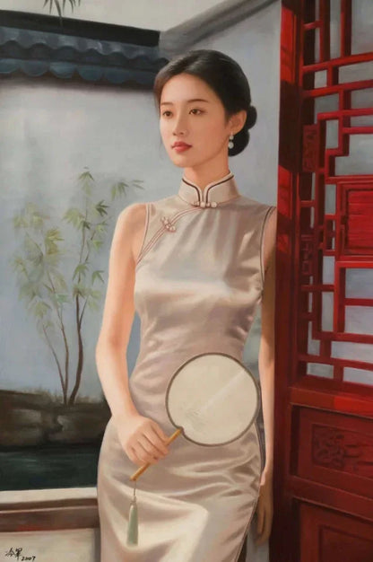 Peinture à l'huile chinoise sur toile peinte à la main belle femme avec éventail par Leng Jun - Kikooyou Art Gallery - Kikooyou Art Gallery