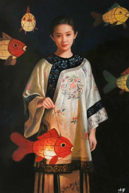 Peinture à l'huile chinoise sur toile peinte à la main belle femme avec lanterne poisson par Leng Jun - Kikooyou Art Gallery