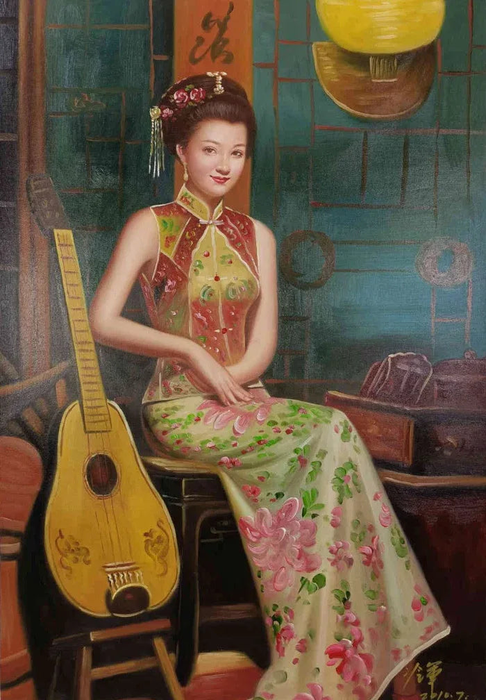 Peinture à l'huile chinoise sur toile peinte à la main belle femme musicienne par Leng Jun - Kikooyou Art Gallery - Kikooyou Art Gallery