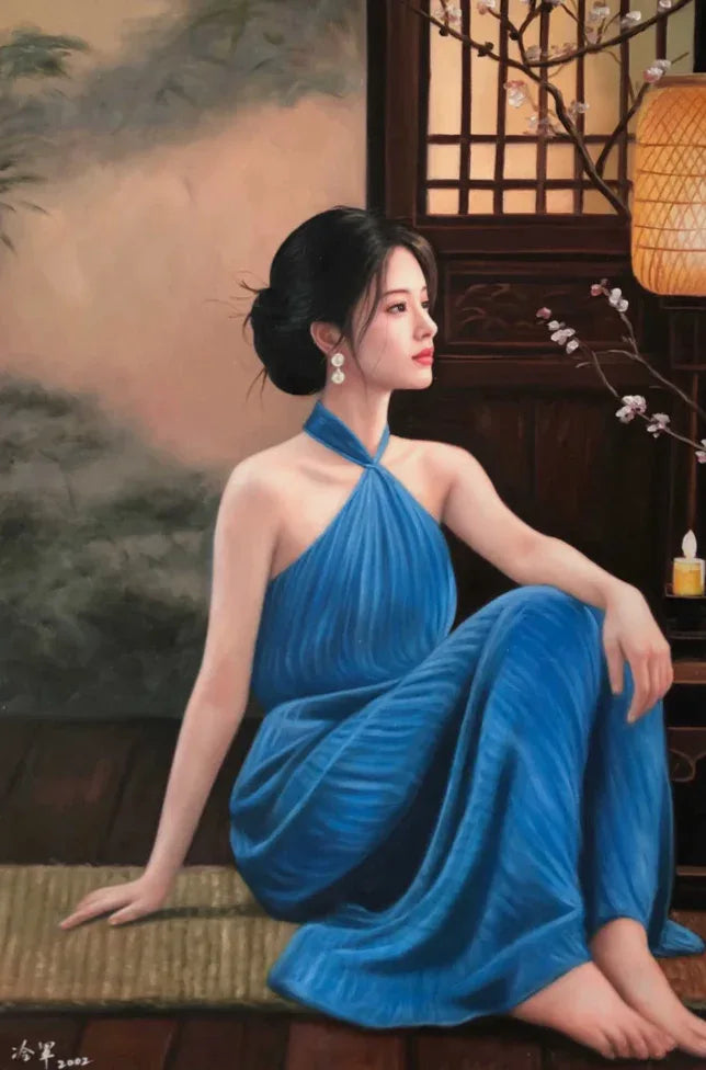 Peinture à l'huile chinoise sur toile peinte à la main belle femme avec lanterne par Leng Jun - Kikooyou Art Gallery - Kikooyou Art Gallery