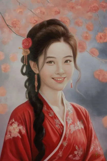 Peinture à l'huile chinoise sur toile peinte à la main belle femme avec joli sourire par Leng Jun - Kikooyou Art Gallery
