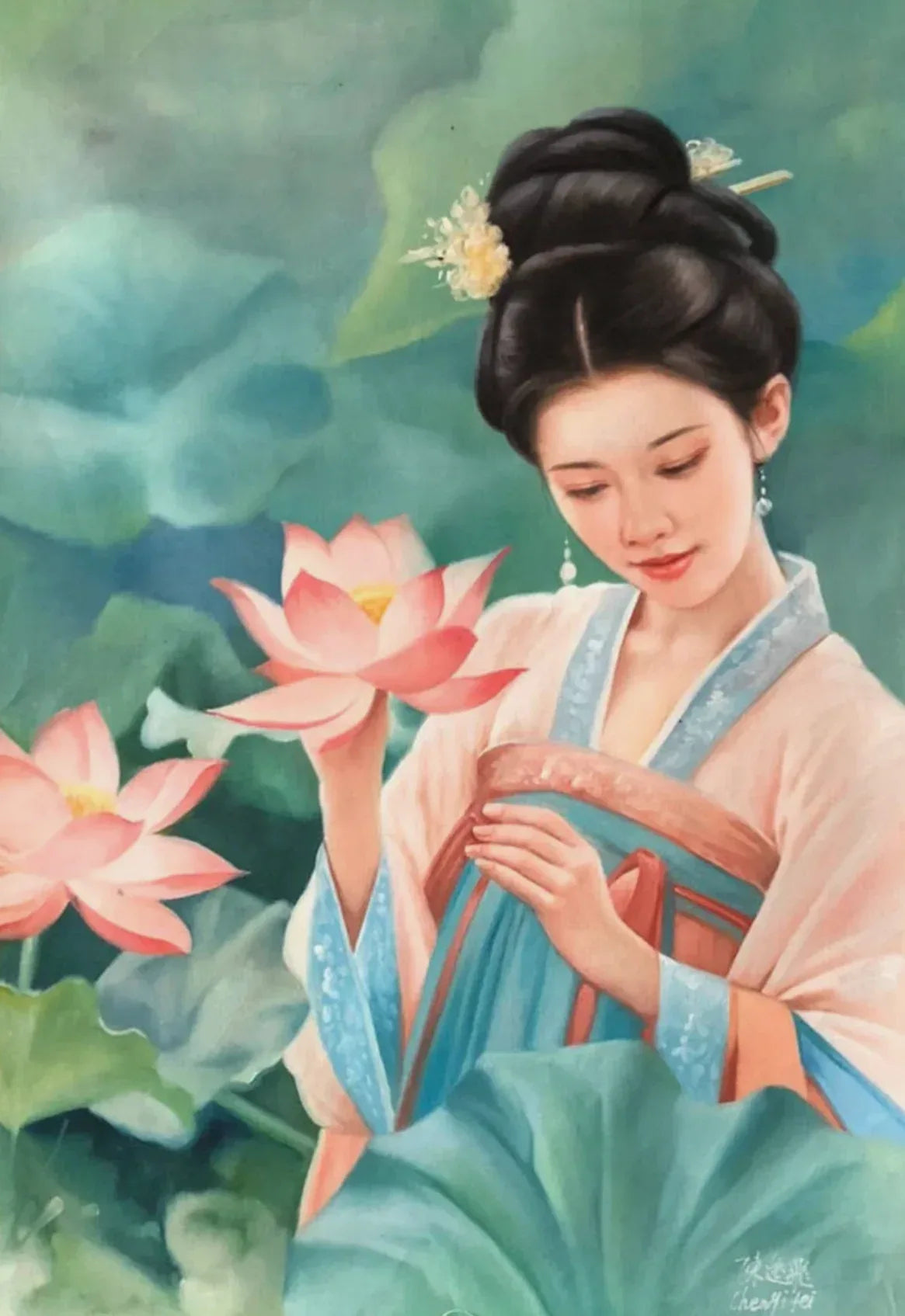Peinture à l'huile chinoise sur toile peinte à la main belle femme lotus par Chen Yifei - Kikooyou Art Gallery - Kikooyou Art Gallery