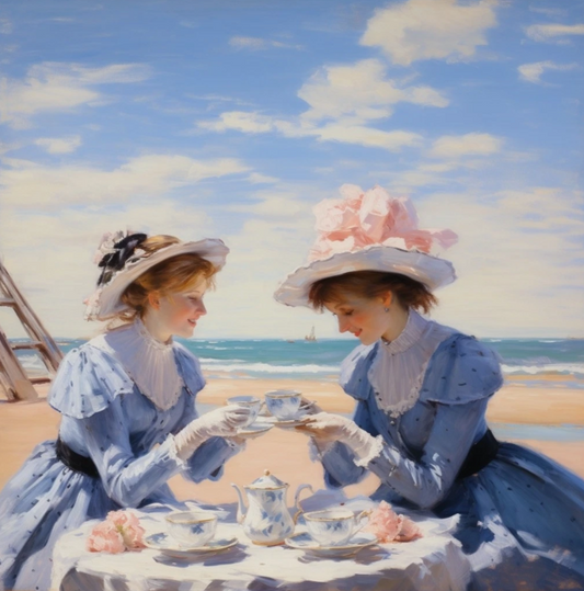 Tableau Original Tullasky – Acrylique sur toile – 40x40 cm – Œuvre unique- tea for two ladies à la plage - Kikooyou Art Gallery