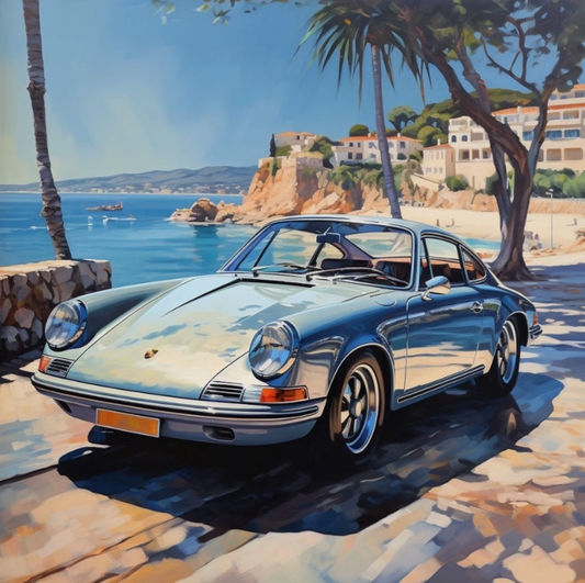 Porsche l'été sur la Riviera - Tableau acrylique original sur toile - Kikooyou Art Gallery