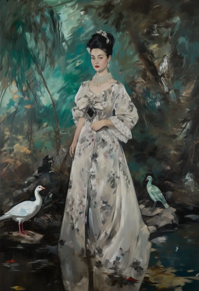 La Jeune Impératrice de Chine, robe en soie-Acrylique sur toile 27x40 cm, Œuvre originale et unique -Kikooyou Art Gallery