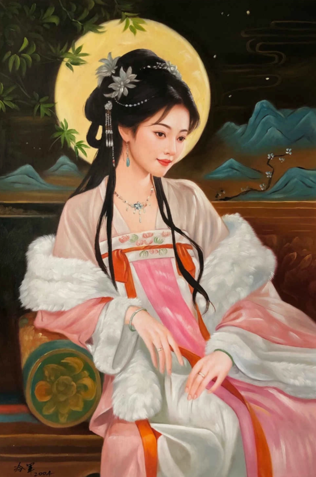 Peinture à l'huile sur toile peinte à la main , belle femme chinoise en lingerie par Leng Jun - Kikooyou Art Gallery