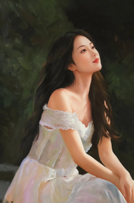 Peinture à l'huile sur toile peinte à la main belle femme chinoise en robe blanche par Leng Jun - Kikooyou Art Gallery