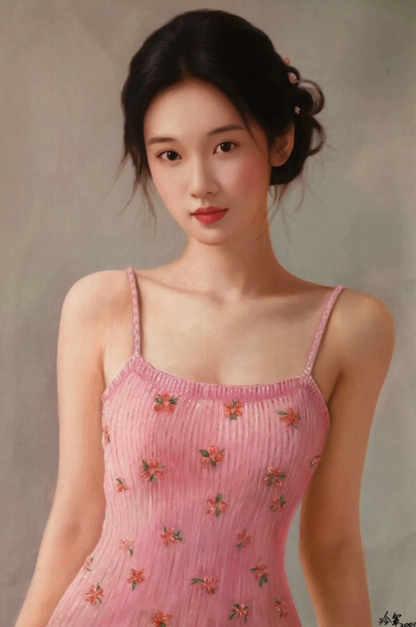 Peinture à l'huile sur toile peinte à la main belle femme chinoise en robe rose par Leng Jun - Kikooyou Art Gallery