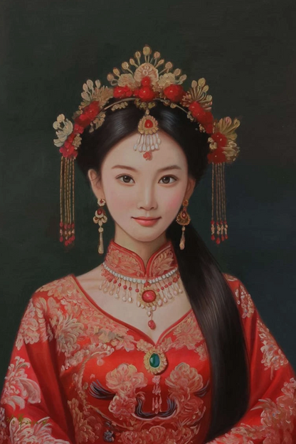 Peinture à l'huile sur toile peinte à la main belle femme chinoise robe rouge par Leng Jun - Kikooyou Art Gallery
