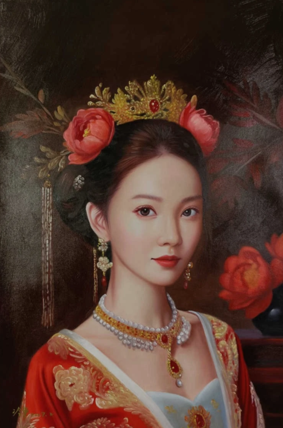 Peinture à l'huile sur toile peinte à la main belle femme chinoise robe traditionnelle rouge par Leng Jun - Kikooyou Art Gallery