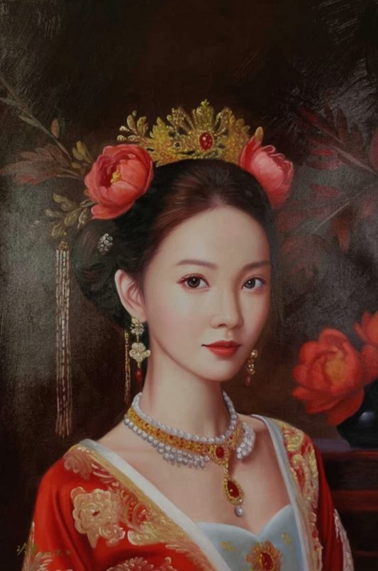 Peinture à l'huile sur toile peinte à la main belle femme chinoise robe traditionnelle rouge par Leng Jun - Kikooyou Art Gallery