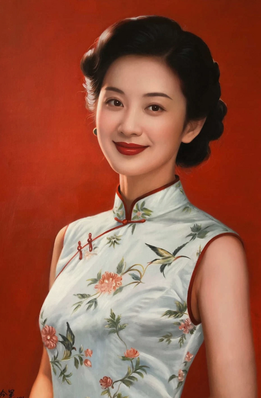 Peinture à l'huile sur toile peinte à la main belle femme chinoise robe fleurs par Leng Jun - Kikooyou Art Gallery