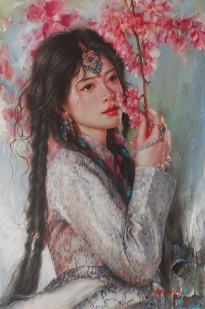 Peinture à l'huile originale sur toile peinte à la main belle femme tibetaine arbre en fleurs  - Kikooyou Art Gallery